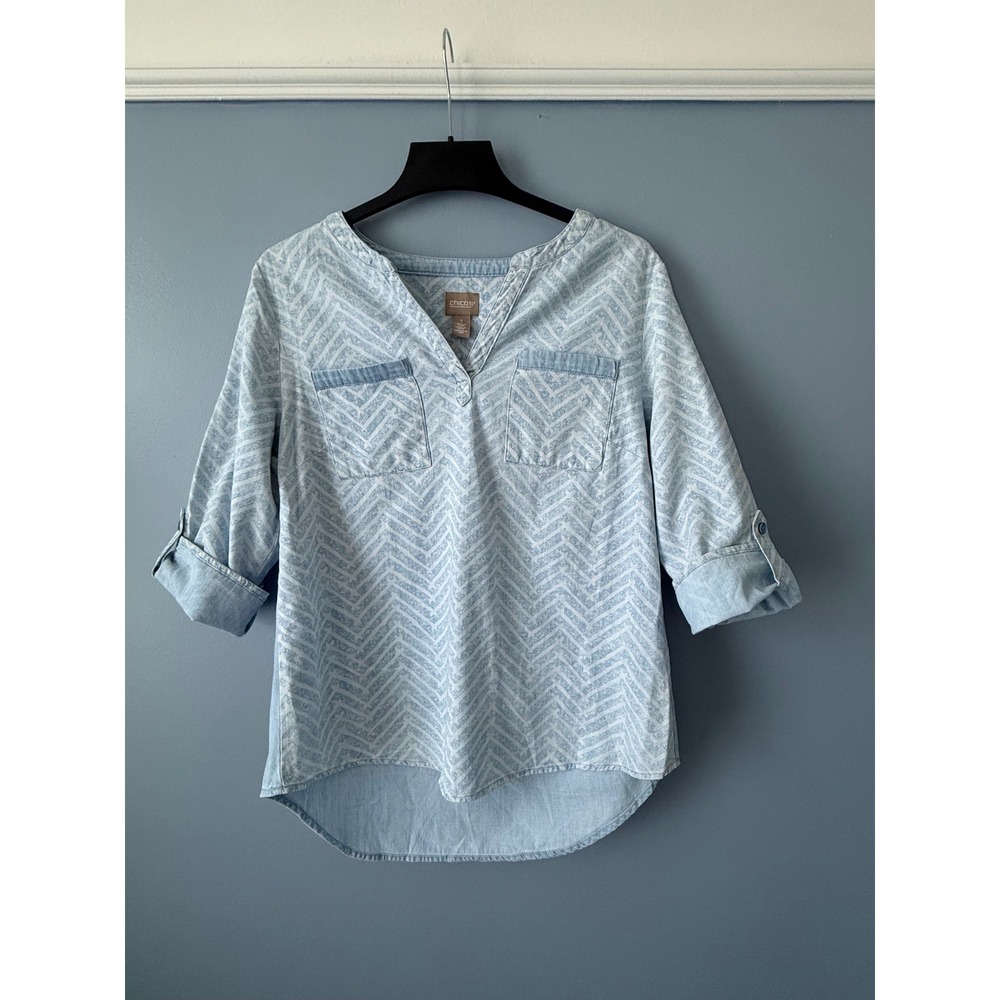 Chico's Blue Patterned Cotton Tunic Hi-Low 3/4 Sleeve Front Pockets Size 1 (M/8) - Picture 11 of 13